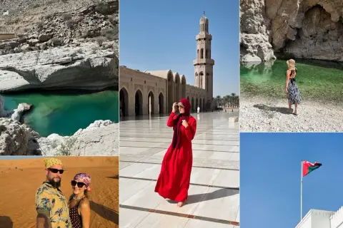 Oman stolica: turkusowe oazy, Wielki Meczet, pustynne krajobrazy i flaga.