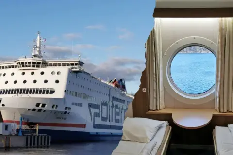 Widok na prom "Nova Star" przycumowany do portu, obok przytulna kabina z koją i okrągłym bulajem, idealna na podróż promem do Sztokholmu.