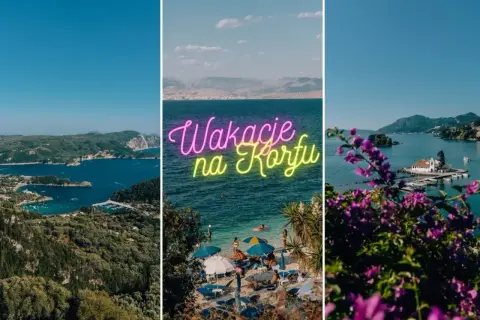 Widoki z Korfu: zatoka z łódkami, plaża z parasolami i urokliwa wysepka z kościółkiem. Idealne wakacje na Korfu!