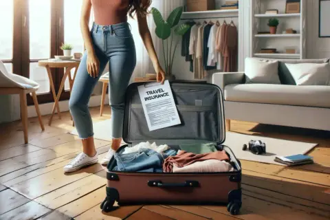 Kobieta pakuje walizkę, trzymając dokument "Travel Insurance". Sprawdza ubezpieczenia turystyczne ranking, by wybrać najlepszą opcję na podróż.