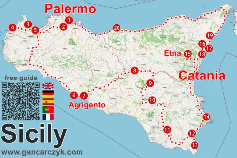 Mapa Sycylii z zaznaczonymi punktami wycieczki. Widoczne Palermo, Etna, Katania, Agrigento. Planujesz wycieczkę na Sycylię?