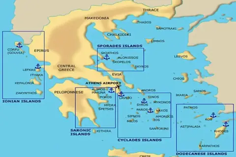 Mapa Grecji z zaznaczonymi wyspami: Wyspy Jońskie (Korfu, Kefalonia), Cyklady (Santorini, Mykonos), Sporady, Dodekanez (Rodos, Kos).