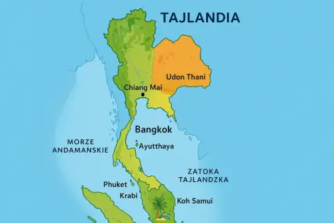 Mapa pokazuje, gdzie leży Tajlandia, z zaznaczonymi miastami jak Bangkok, Chiang Mai, Phuket i Udon Thani, otoczona Morzem Andamańskim i Zatoką Tajlandzką.