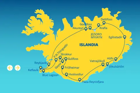 Mapa z trasą wycieczki objazdowej po Islandii, pokazująca główne atrakcje jak Reykjavik, Geysir, Gullfoss, Jezioro Myvatn, Jökulsárlón i plażę Reynisfjara.