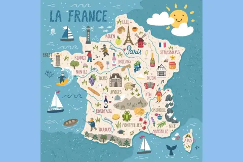 Ilustrowana mapa Francji z nazwami miast i charakterystycznymi symbolami, ukazująca różnorodność regionów Francji.
