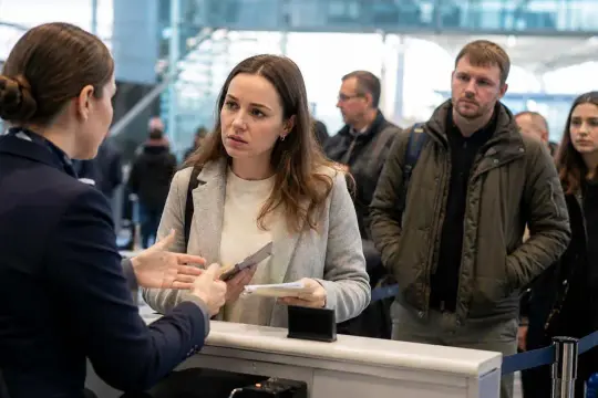 Zestresowana pasażerka pyta o odszkodowanie za odwołany lot. W tle inni podróżni z bagażami.