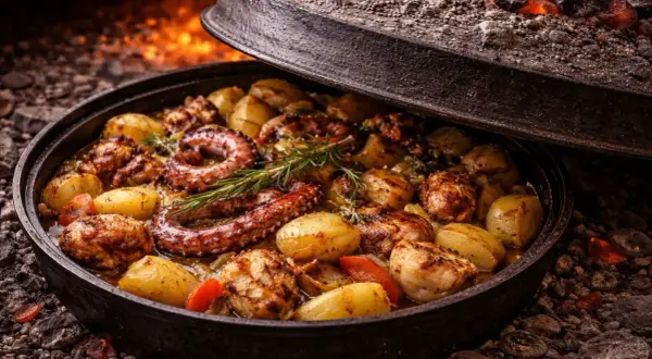 Pyszne chorwackie jedzenie: ośmiornica z ziemniakami i warzywami, pieczone pod żelazną pokrywą na żarze.