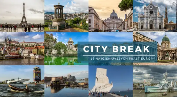 Kolaż zdjęć z największych miast Europy: Wieża Eiffla, Watykan, Florencja, Praga, Lizbona i inne. Idealne na city break!