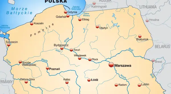 Mapa Polski z zaznaczonymi miastami i rzekami. Widać wybrzeże Bałtyku, a na południu Polski rzeki Odra i Warta.