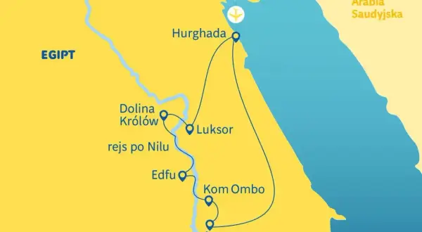 Mapa turystyczna Egiptu z zaznaczonymi miastami: Hurghada, Luksor, Dolina Królów, Edfu, Kom Ombo, Asuan. Pokazuje trasę rejsu po Nilu i sugeruje, ile się leci do Egiptu.