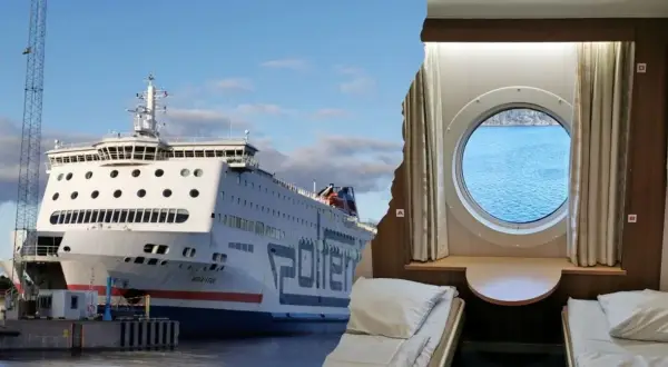Widok na prom "Nova Star" przycumowany do portu, obok przytulna kabina z koją i okrągłym bulajem, idealna na podróż promem do Sztokholmu.