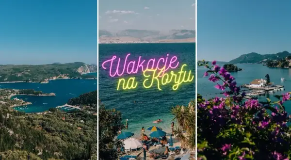 Widoki z Korfu: zatoka z łódkami, plaża z parasolami i urokliwa wysepka z kościółkiem. Idealne wakacje na Korfu!