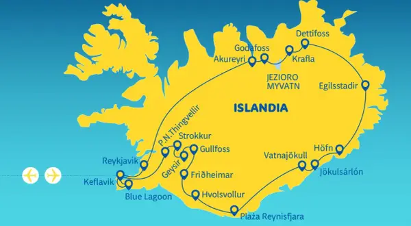 Mapa z trasą wycieczki objazdowej po Islandii, pokazująca główne atrakcje jak Reykjavik, Geysir, Gullfoss, Jezioro Myvatn, Jökulsárlón i plażę Reynisfjara.
