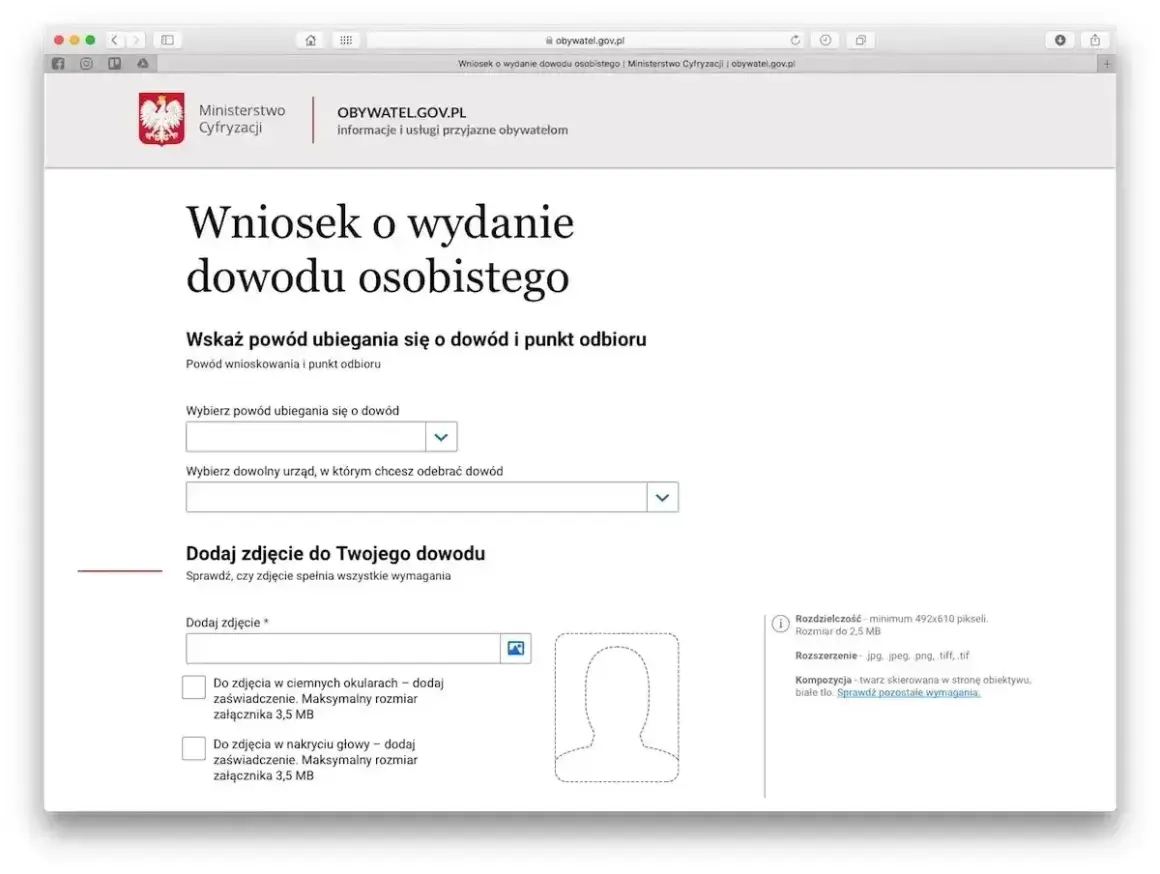 Formularz wniosku o wydanie dowodu osobistego online. Wybierz powód, urząd odbioru i dodaj zdjęcie.