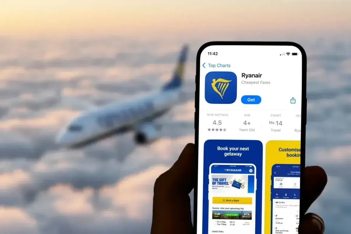 Telefon z aplikacją Ryanair, gotowy do odprawy online. W tle samolot lecący nad chmurami.