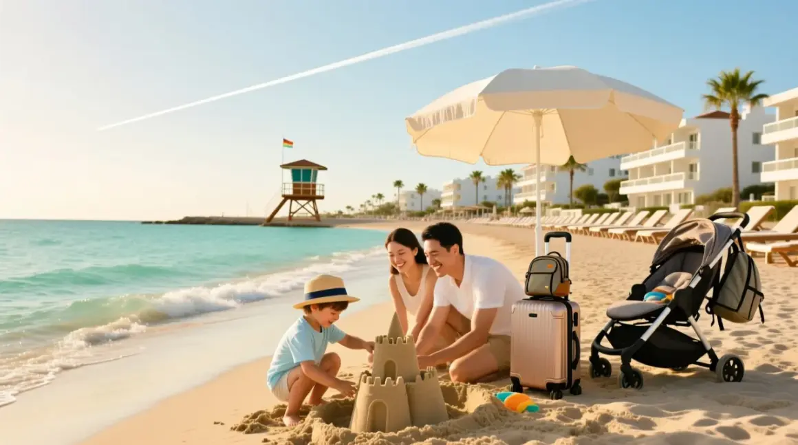 Rodzina buduje zamek z piasku na plaży. Idealne miejsce, gdzie na wakacje z dziećmi.