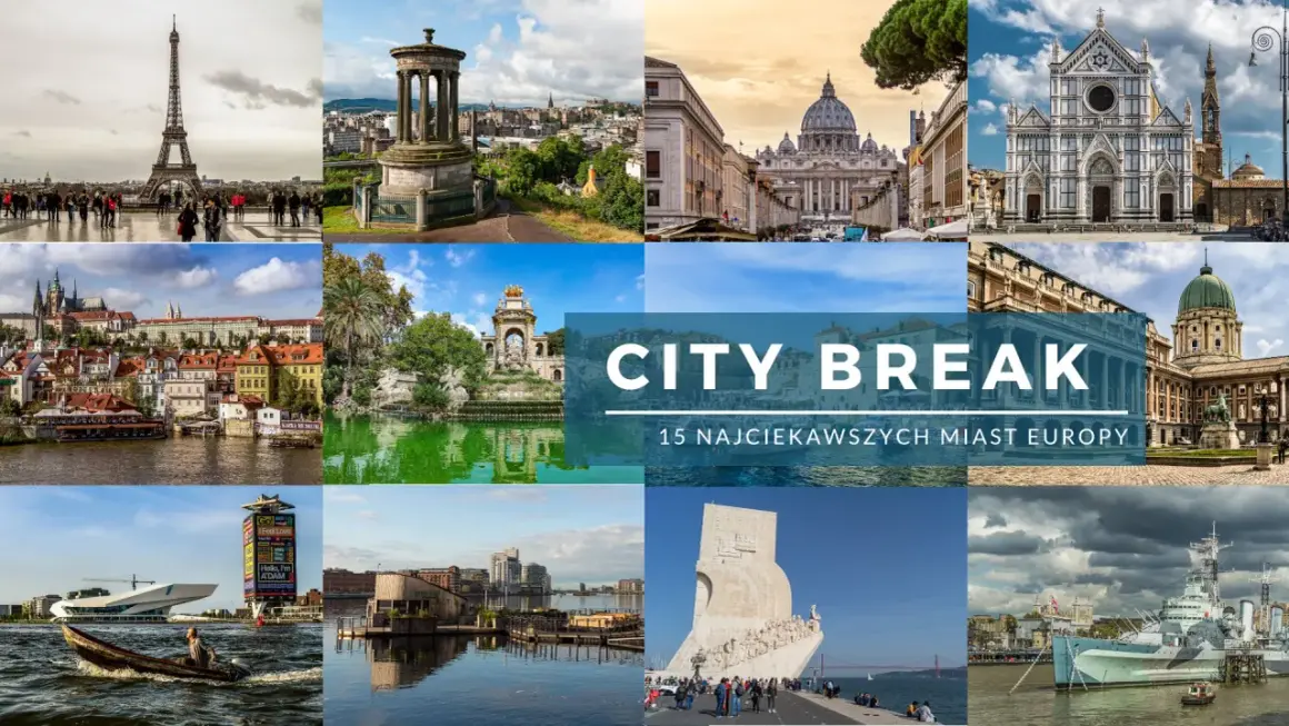 Kolaż zdjęć z największych miast Europy: Wieża Eiffla, Watykan, Florencja, Praga, Lizbona i inne. Idealne na city break!