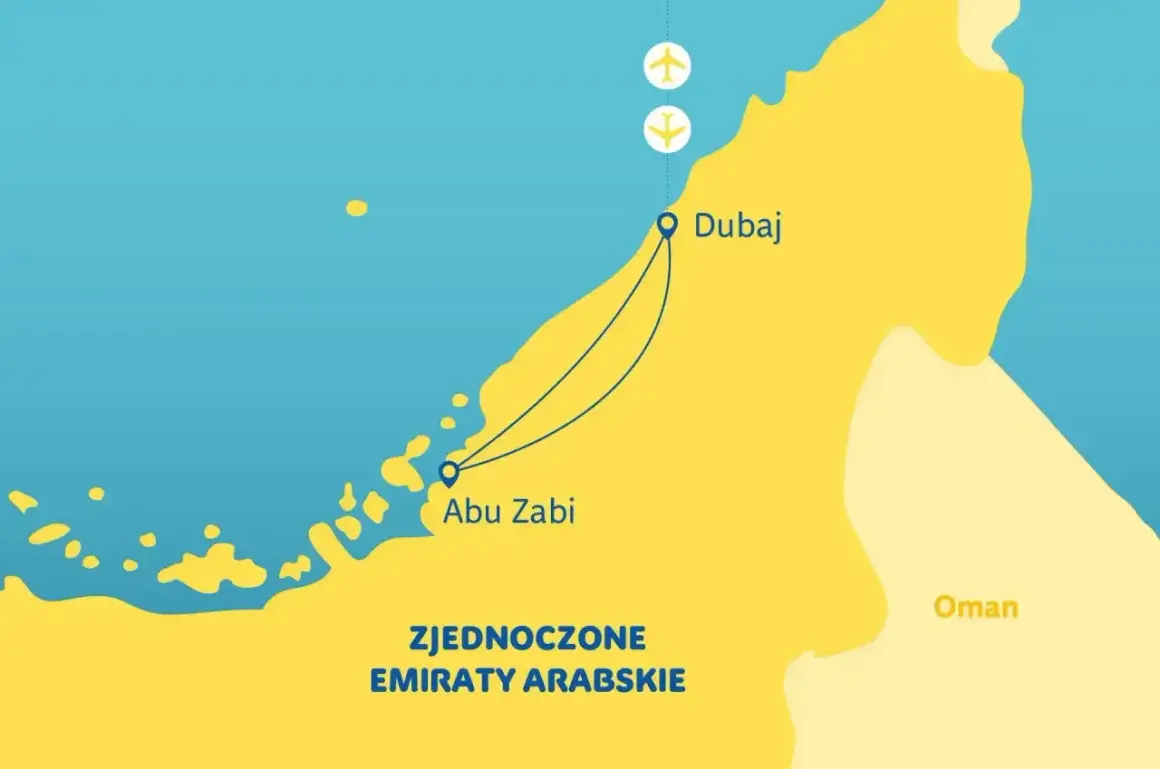 Mapa Zjednoczonych Emiratów Arabskich z zaznaczonymi Dubajem i Abu Zabi. Dwa samoloty symbolizują podróż między miastami.