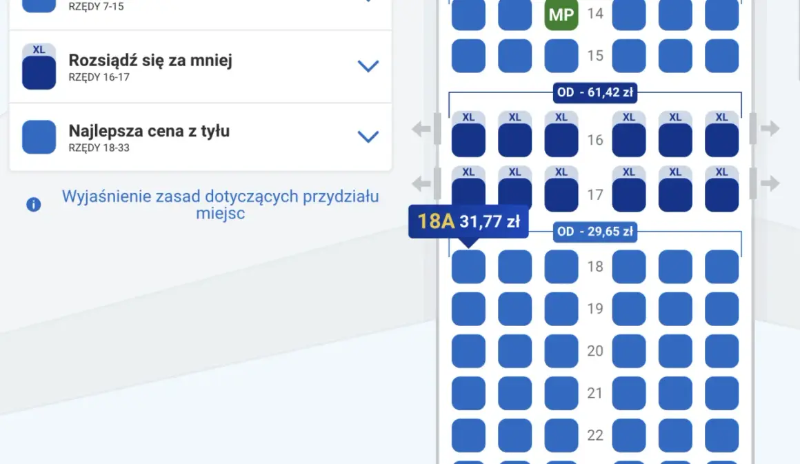 Wybieranie miejsc w samolocie Ryanair. Widok planu siedzeń z opcjami "Rozsiądź się za mniej" i "Najlepsza cena z tyłu".