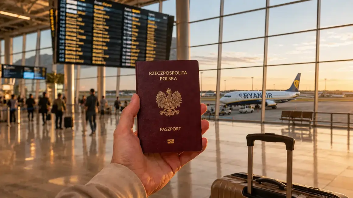 Paszport w dłoni, samolot Ryanair na płycie lotniska. Czy na Maltę trzeba mieć paszport? Tak, dla obywateli spoza UE.