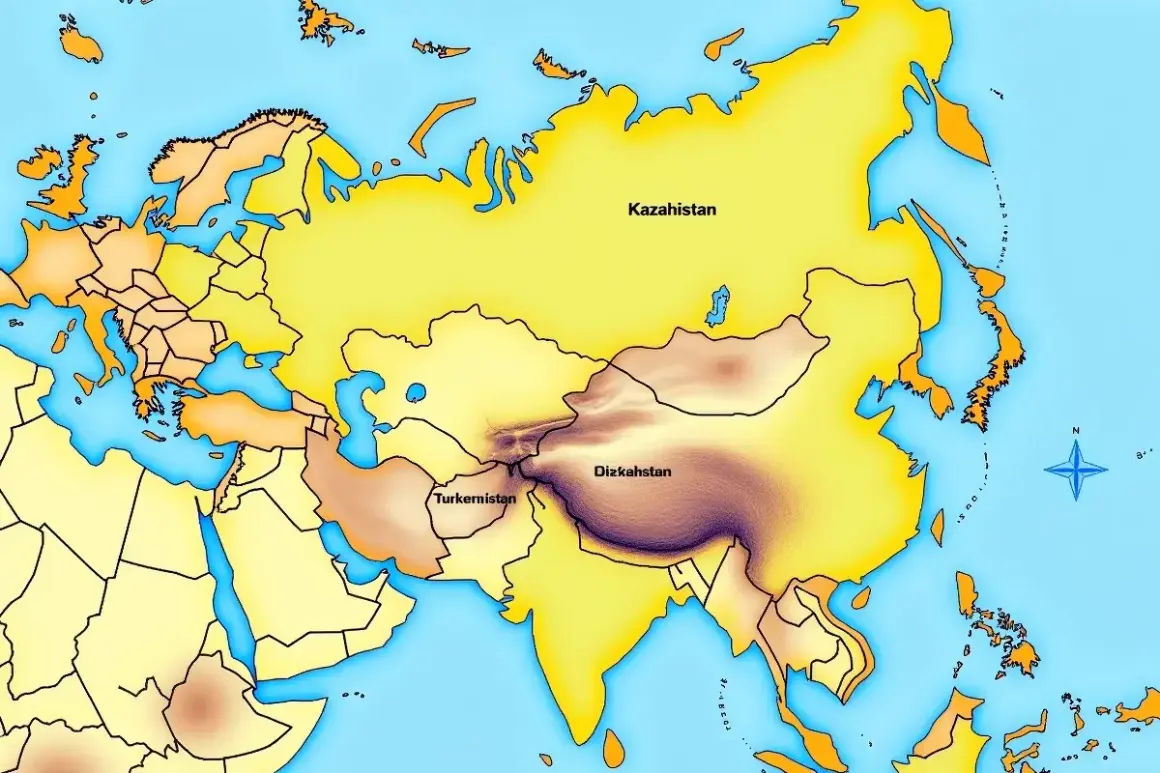 Mapa pokazuje, gdzie leży Kazachstan, rozległe państwo w Azji Środkowej, sąsiadujące z Rosją, Chinami i Morzem Kaspijskim.