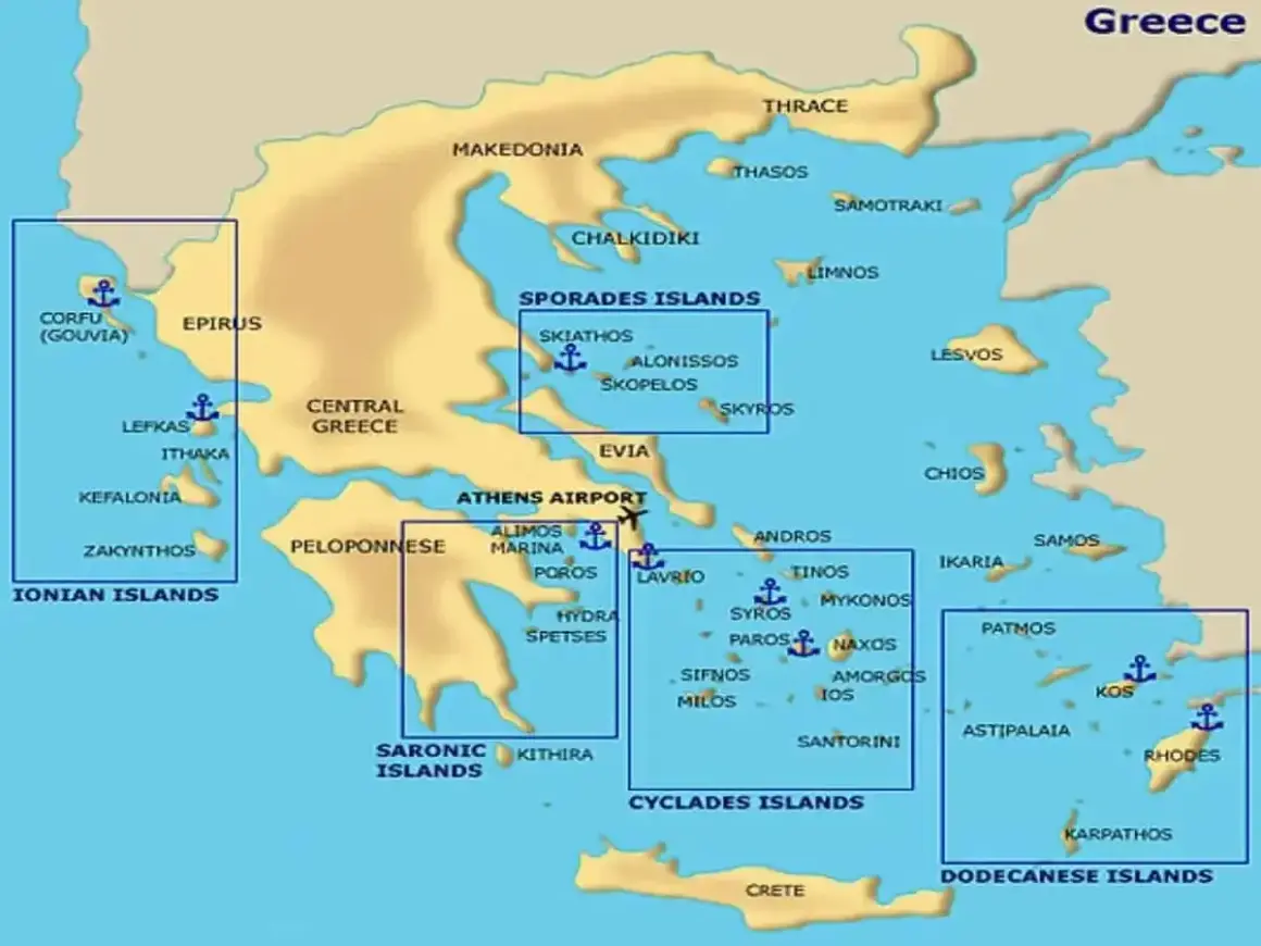 Mapa Grecji z zaznaczonymi wyspami: Wyspy Jońskie (Korfu, Kefalonia), Cyklady (Santorini, Mykonos), Sporady, Dodekanez (Rodos, Kos).