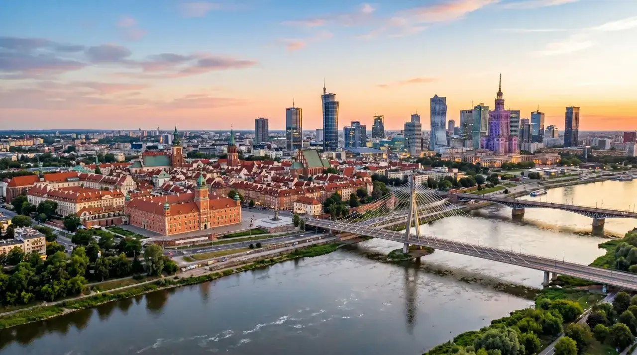 Warszawa o zachodzie słońca: Zamek Królewski, Wisła i nowoczesne wieżowce. Idealne miejsce na wycieczki 3-dniowe Polska.