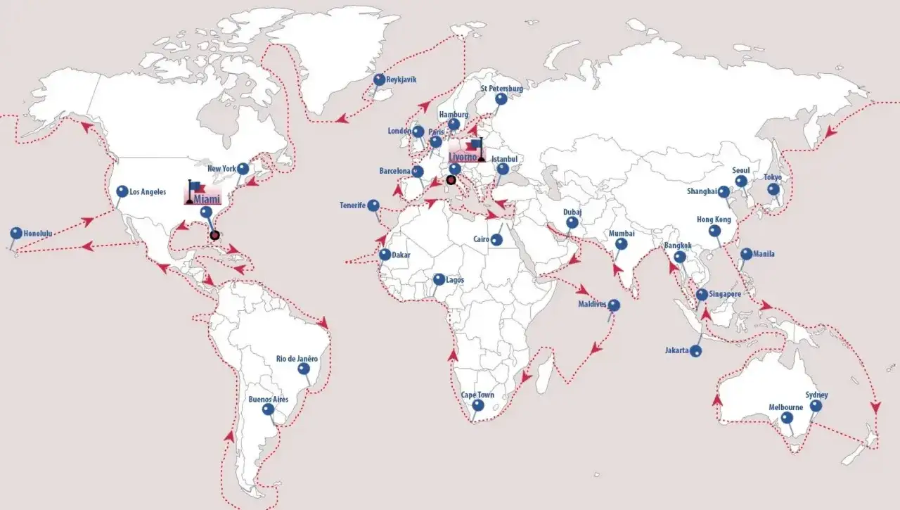 Mapa świata z trasą rejsu dookoła świata, zaczynając od Miami, przez Amerykę Północną, Pacyfik, Azję, Europę i Afrykę.
