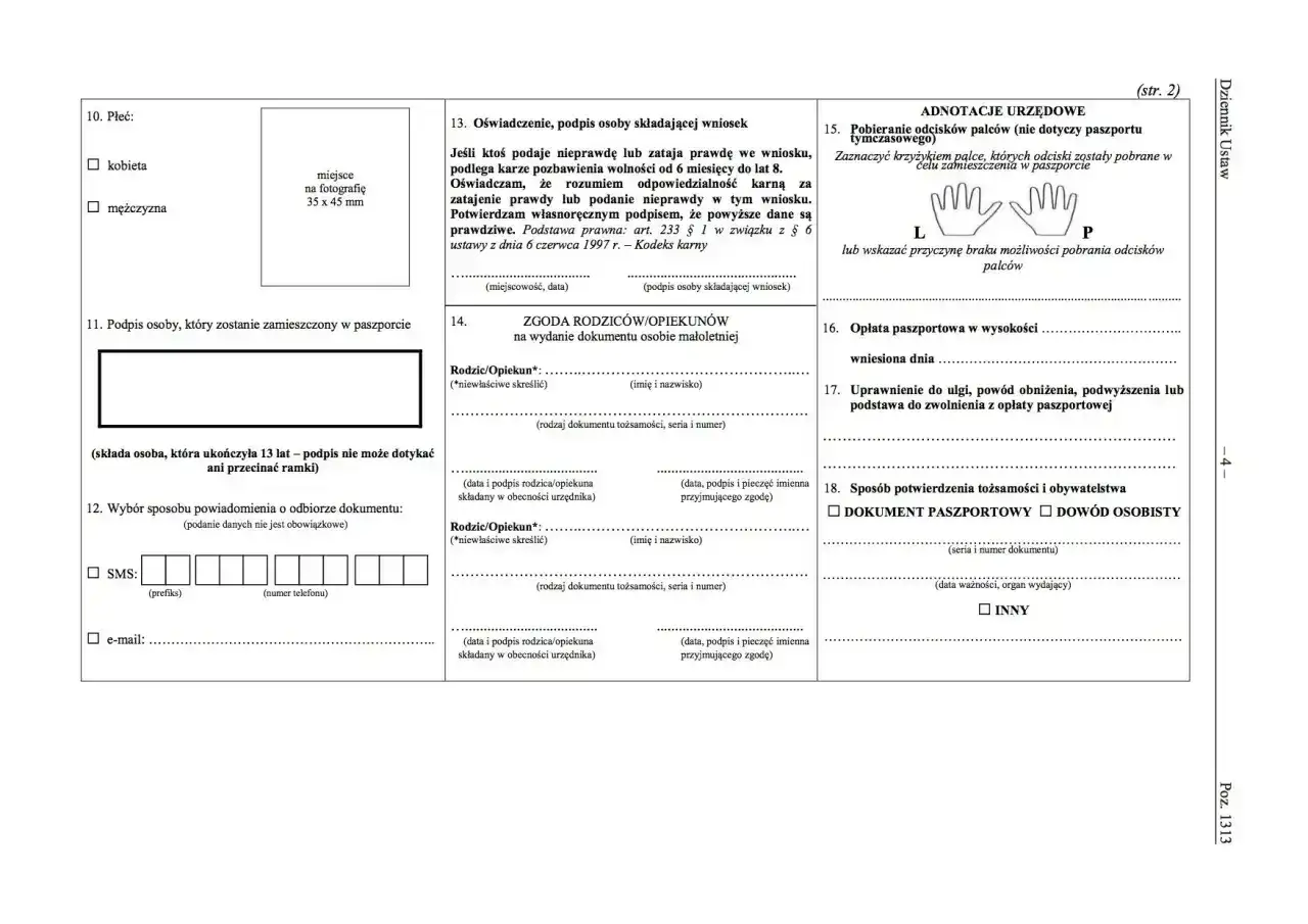 Wniosek o paszport tymczasowy dla dziecka. Sekcja zgody rodziców/opiekunów na wydanie dokumentu.