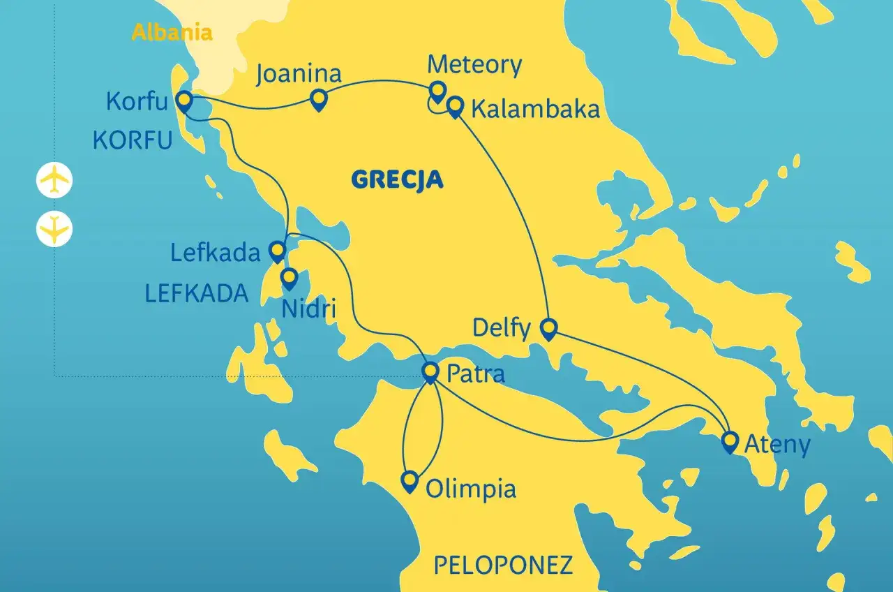 Mapa Grecji z zaznaczonymi trasami podróży: Korfu, Lefkada, Nidri, Patra, Delfy, Meteory, Kalambaka, Olimpia, Ateny. Idealne na tanie wakacje w Grecji!