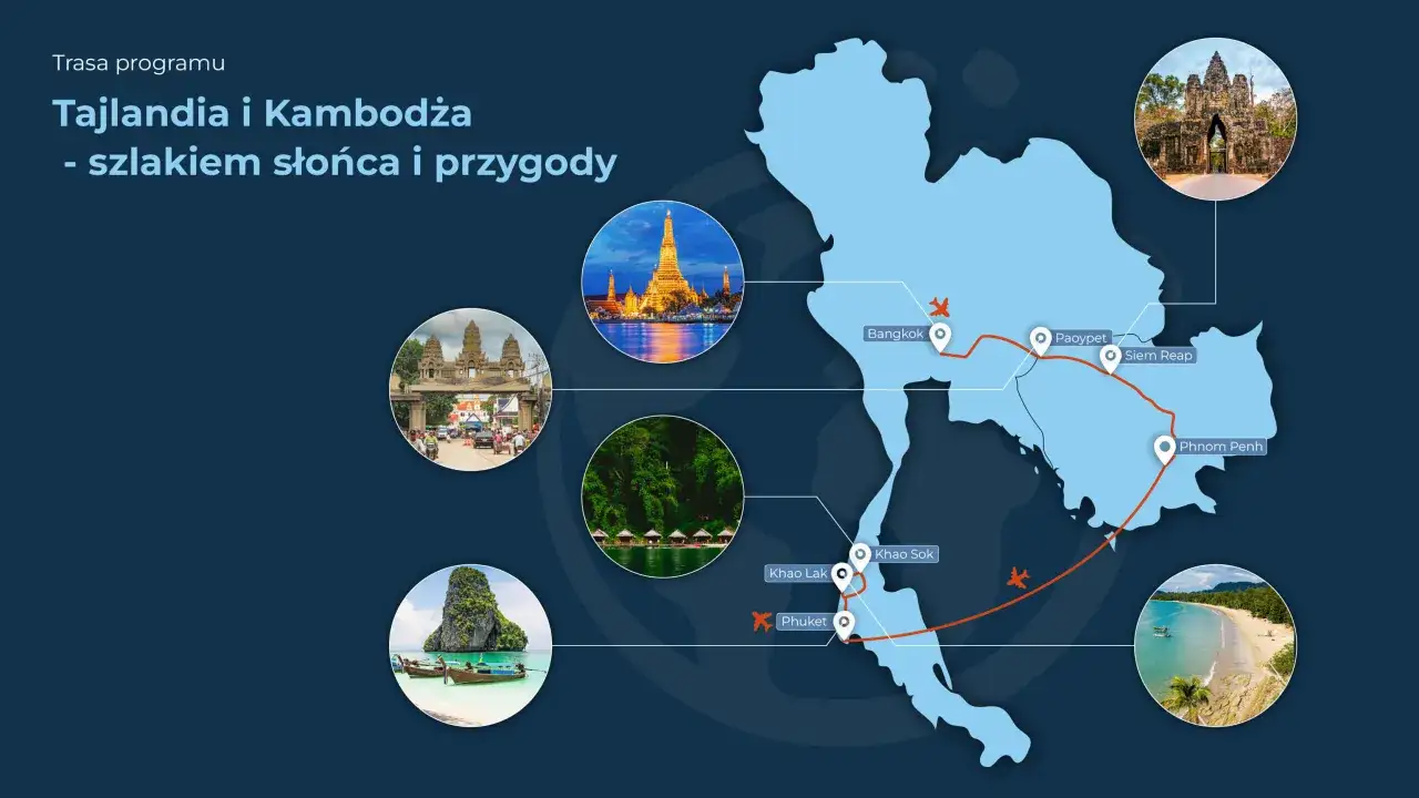 Trasa wycieczki do Tajlandii i Kambodży: Bangkok, Angkor, Khao Sok, Phuket. Słońce i przygoda czekają!