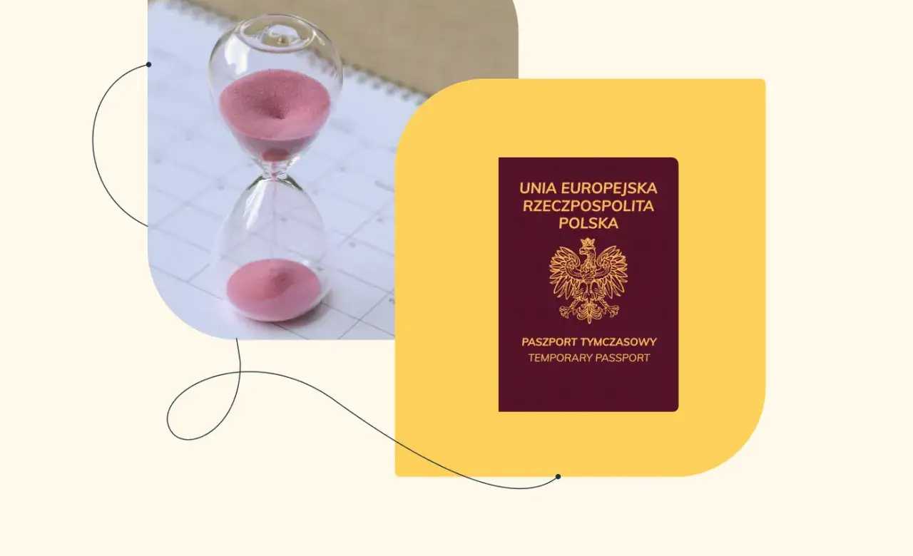 Klepsydra i polski paszport tymczasowy symbolizują, ile trwa wyrobienie paszportu w trybie przyspieszonym.