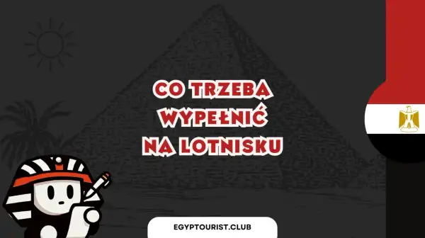 Urocza postać w stroju faraona trzyma dokument, a na tle piramidy widnieje napis "Co trzeba wypełnić na lotnisku", sugerujący formalności związane z wizą do Egiptu.