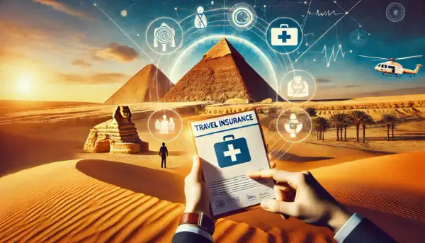 Ubezpieczenie turystyczne Egipt: ręce trzymają dokument "Travel Insurance" na tle piramid i Sfinksa. Wokół symbole medyczne i pomoc.