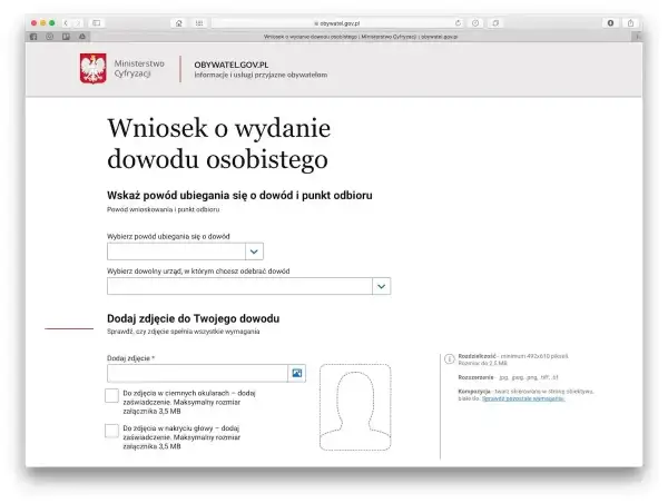 Formularz wniosku o wydanie dowodu osobistego online. Wybierz powód, urząd odbioru i dodaj zdjęcie.