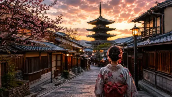 Zachód słońca w Kioto, kobieta w kimonie na tle pagody. Zastanawiasz się, ile kosztuje wycieczka do Japonii?