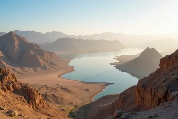 Pustynny krajobraz z jeziorem w Omanie. Czy Oman jest bezpieczny? Tak, to spokojne miejsce.