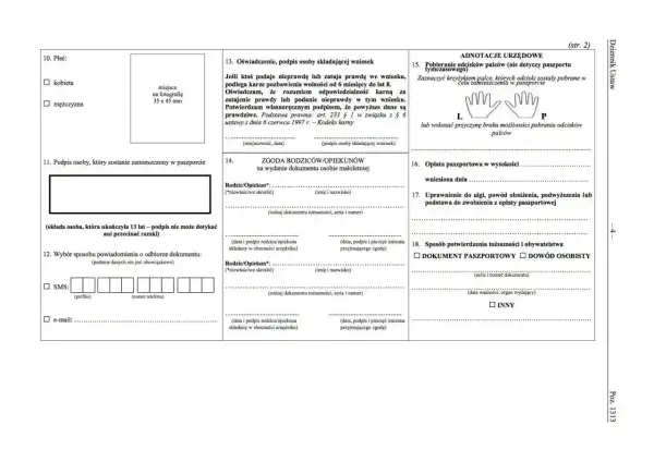 Formularz wniosku o wydanie dokumentu, gdzie zaznacza się płeć, miejsce na zdjęcie do paszportu, dane rodziców/opiekunów, wybór sposobu powiadomienia o odbiorze dokumentu, oświadczenie o odpowiedzialności karnej, zgodę na wydanie dokumentu osobie małol...