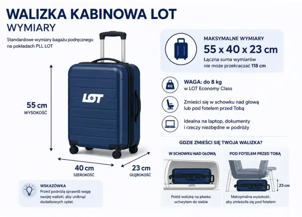 Walizka kabinowa LOT: wymiary 55x40x23 cm, waga do 8 kg. Idealna na bagaż podręczny, mieści się w schowku nad głową lub pod fotelem.