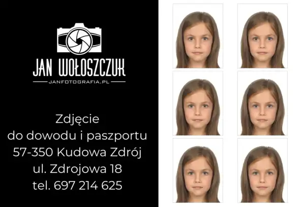 Jan Wołoszczuk oferuje zdjęcia do dowodu i paszportu. Na zdjęciu widać sześć identycznych portretów uroczej dziewczynki.