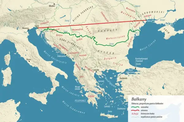 Mapa Bałkanów pokazuje, gdzie jest Albania, między Morzem Adriatyckim a Macedonią, na zachód od Grecji.