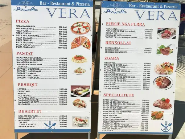 Menu restauracji VERA w Albanii: pizza, makarony, ryby, mięsa i desery. Pyszne albania jedzenie!