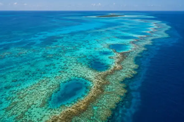 Niesamowite rafy koralowe i turkusowa woda zapraszają na wymarzone belize wakacje. Widok na wyspę i ocean.