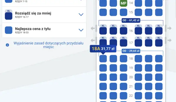 Wybieranie miejsc w samolocie Ryanair. Widok planu siedzeń z opcjami "Rozsiądź się za mniej" i "Najlepsza cena z tyłu".