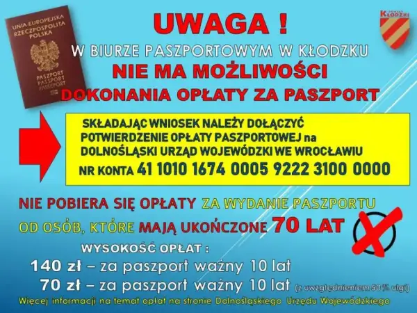 W Kłodzku nie zapłacisz za paszport. Opłatę za paszport dla dziecka (140 zł) wpłać na konto urzędu we Wrocławiu.