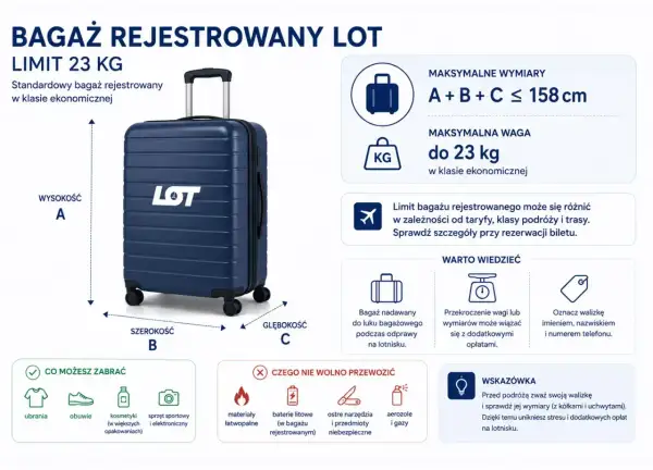 Granatowa walizka LOT z logo, limit 23 kg. Wymiary bagażu rejestrowanego: A+B+C ≤ 158 cm.