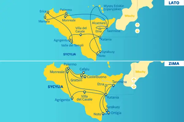 Sycylia wycieczka objazdowa Itaka: mapy tras Lato i Zima pokazują Palermo, Katania, Etna, Syrakuzy i inne miejsca.