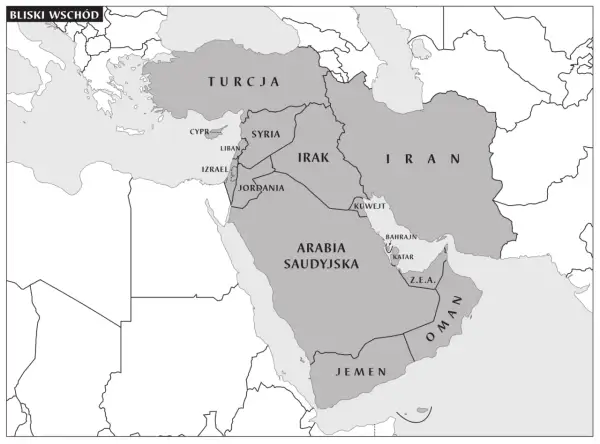 Mapa Bliskiego Wschodu z zaznaczonymi krajami: Turcja, Syria, Irak, Iran, Jordania, Izrael, Liban, Arabia Saudyjska, Jemen, Oman, Z.E.A., Katar, Bahrajn.