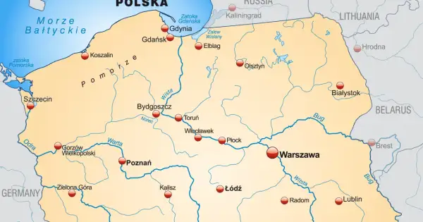 Mapa Polski z zaznaczonymi miastami i rzekami. Widać wybrzeże Bałtyku, a na południu Polski rzeki Odra i Warta.