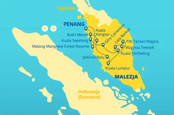 Mapa pokazuje trasę podróży po Malezji, obejmującą Penang, Kuala Lumpur, Góry Cameron i Park Narodowy Taman Negara. Idealne miejsce na wakacje!
